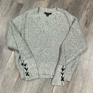 Gray V-Neck Sweater with Lace-Up Detail